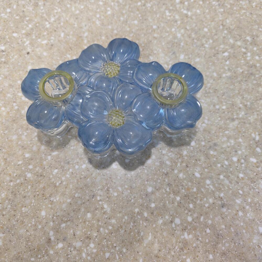 Indiana Glass For Lancaster Colony Blue Stain Dogwood Blossom Doble Candle Holde